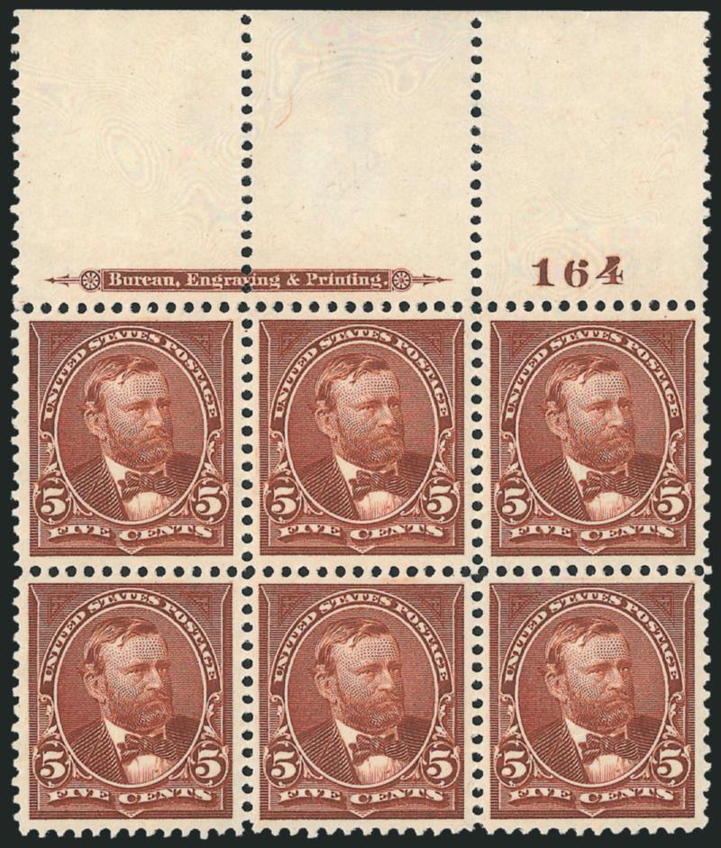 5c Chocolate (270).> Top imprint and plate no. 164 block of six with wide selvage, four stamps Mint N.H., top center and top left lightly hinged, pretty color on bright paper, choice centering, Extremely Fine, a
beautiful plate block