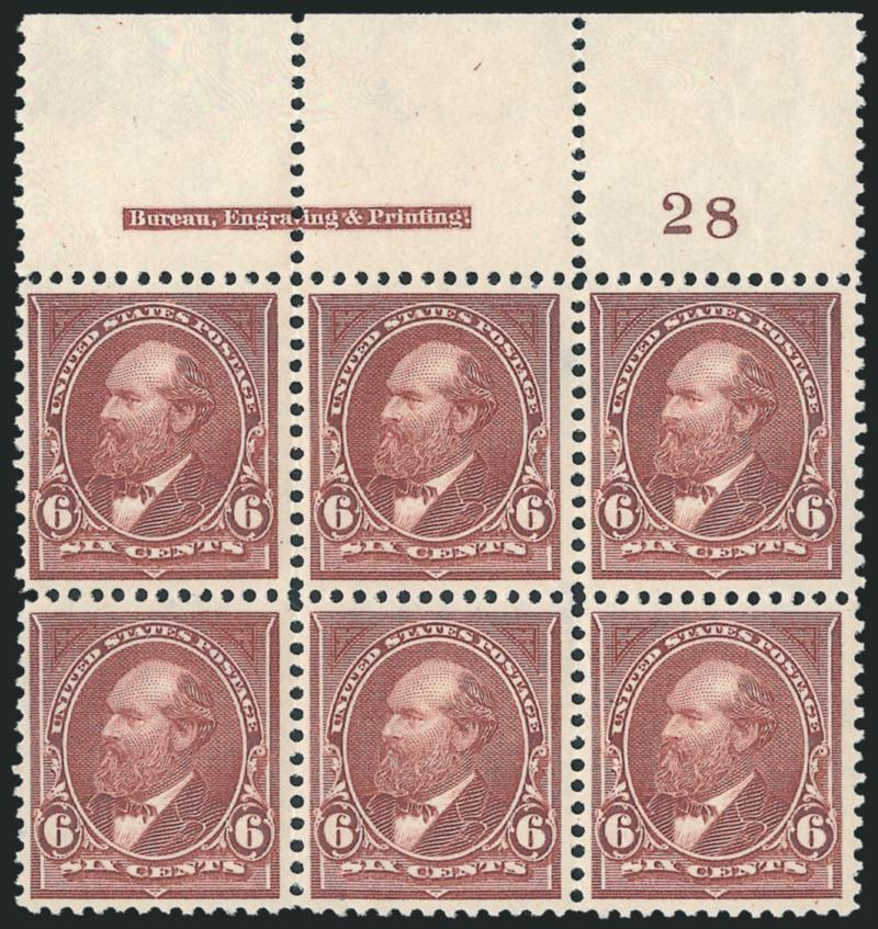 6c Dull Brown (271).> Top imprint and plate no. 28 block of six, original gum, center stamps h.r., bright shade and crisp impression, light natural paper wrinkle, bottom center stamp thin spot, Very Fine
appearance, this plate block is extremely scar