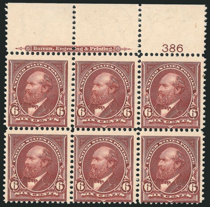 6c Dull Brown (271).> Top imprint and plate no. 386 block of six, five stamps Mint N.H., top right stamp lightly hinged, bright color, fresh and Fine example of this scarce plate block