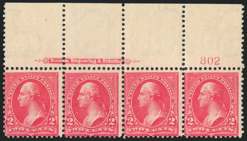 2c Red, Ty. IV (279B).> Top imprint and plate no. 802 strip of four, <imprint spread over three stamps,> unused (no gum), brilliant color, Fine, unusual with the imprint spread so wide, this is the only plate
where this occurs