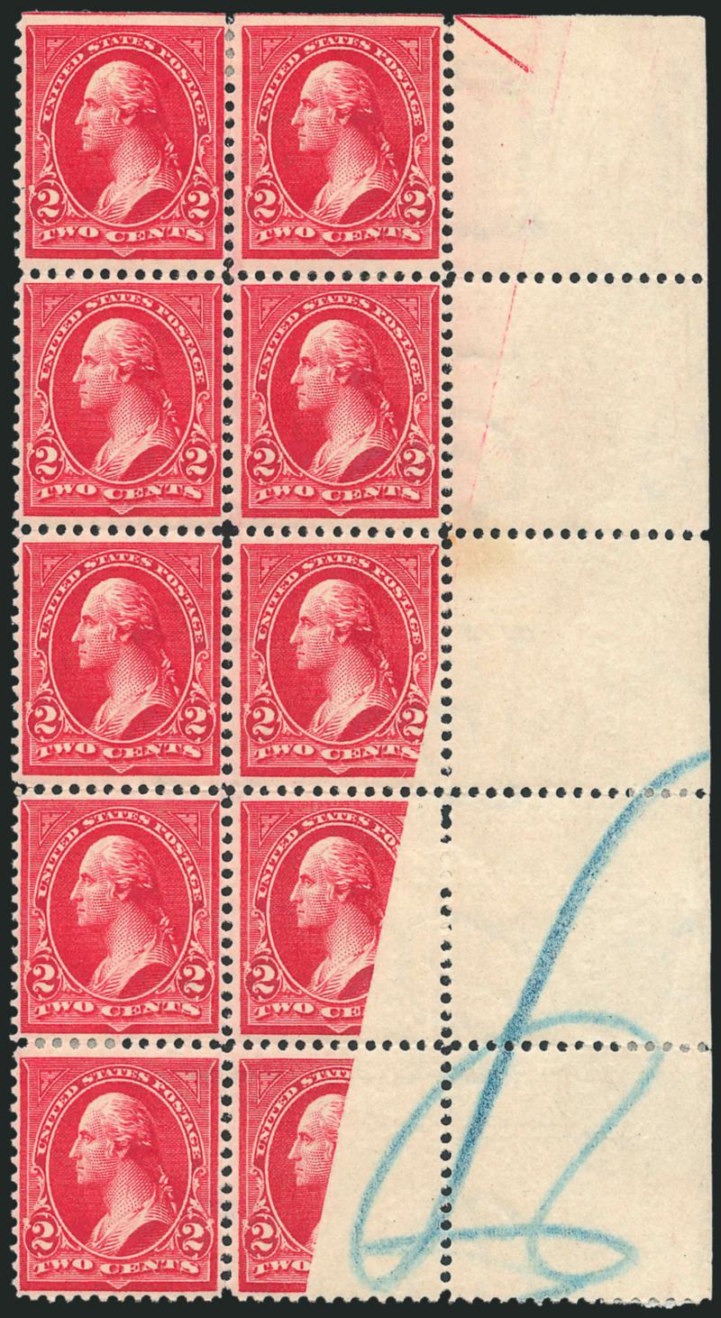 2c Red, Ty. IV (279B).> Three multiples originally forming a block of 20, incl. block of six with selvage at right, bottom right corner selvage block of four and block of ten, each block shows several stamps
either partly printed or without printing