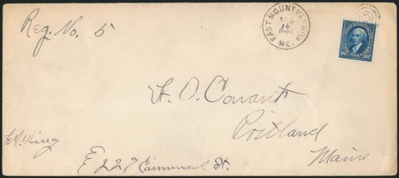 $2.00 Bright Blue (262).> Tied by target, East Mount Vernon Me. Jul. 15, 1895 circular datestamp on oversize registered cover to Portland Me., minor toning around edges of cover<><>^VERY FINE AND CHOICE. A
BEAUTIFUL AND RARE STAMP AND COVER. THE