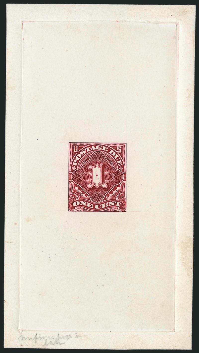 1c Claret, Large Die Essay on India (J31-E2).> On 61 x 111mm card with full die sinkage, intense shade and impression, more complete than the previous lot but still lacking engraving at bottom of numeral, Very
Fine, scarce