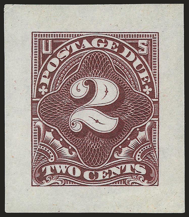 2c Deep Claret, Large Die Essay on India (J32-E1).> 26 x 30mm, showing clearly unfinished ornaments by P of Postage and E of Due, rich color, Very Fine and probably unique, Scott Catalogue does not list any
essays for the 2c, we have assigned