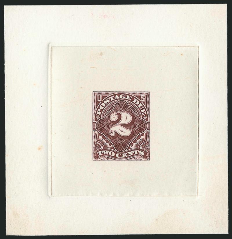 2c Deep Claret, Large Die Trial Color Proof on India (J32TC1).> On 71 x 73mm card with full die sinkage, rich color which is significantly different from the issued color, Very Fine, unlisted in Scott and this
is the only one recorded