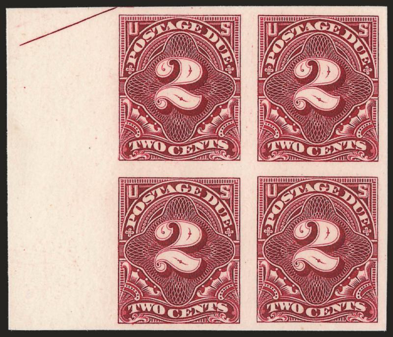 2c Claret, Plate Proof on Card (J32P4).> Left sheet margin block of four with part arrow, large margins other sides, deep rich color, Very Fine and choice