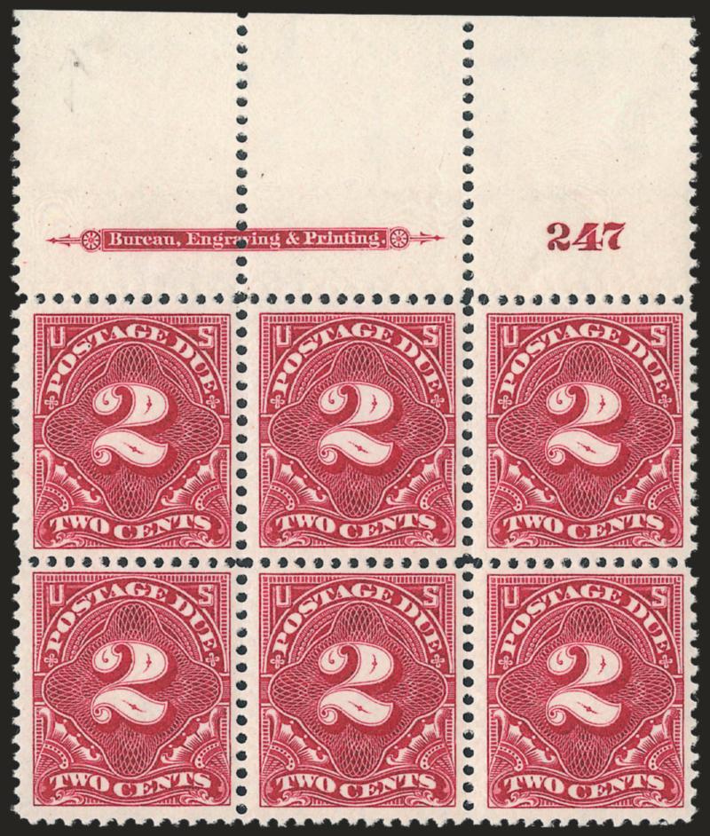 2c Deep Claret (J39).> Top imprint and plate no. 247 block of six with wide selvage, top center stamp tiny spot on gum, others Mint N.H., radiant color and detailed impression on bright paper, Extremely
Fine