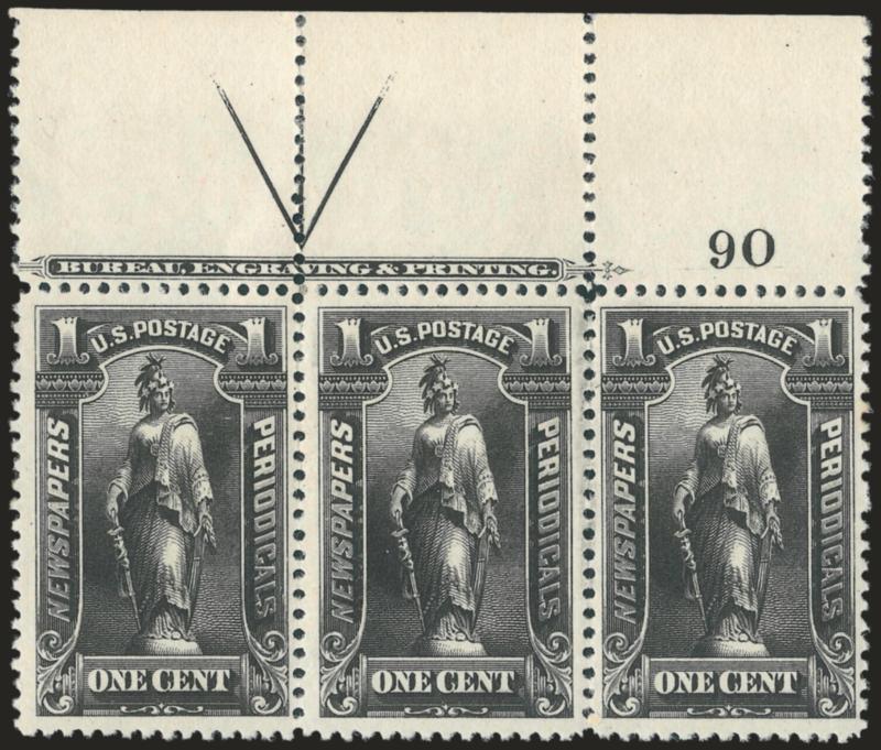 1c Black, 1895 Issue (PR102).> Top imprint, arrow and plate no. 90 strip of three, original gum, h.r., intense shade and impression, Fine-Very Fine, the center stamp is especially nice, Scott Retail as singles
with no premium for the position