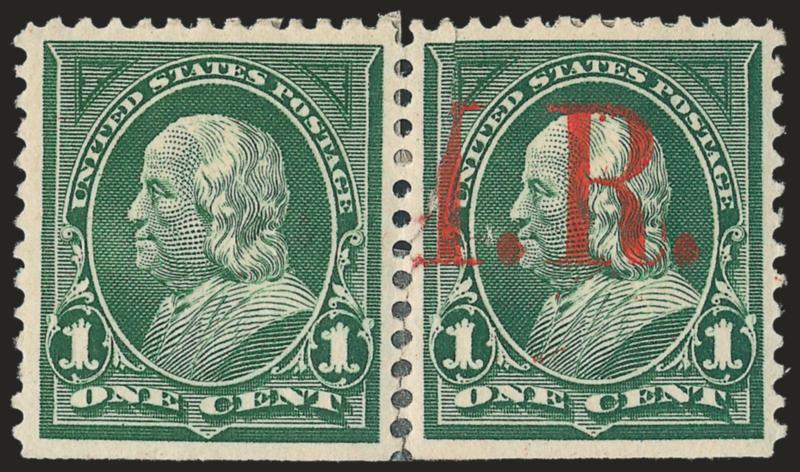1c Green, I.R. Overprint, One Without Overprint and With Overprint on Back, (R154c var).> Horizontal pair, original gum, h.r. reinforcing perf separations, wide margins, left stamp is both <without overprint on
front and with overprint on back>, stra