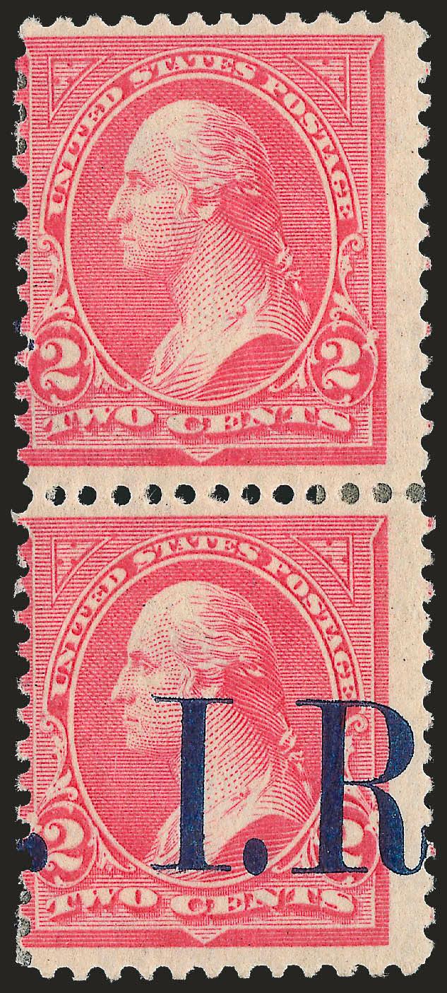 2c Pink, I.R. Overprint, Vertical Pair, One Without Ovpt. (R155d).> Original gum, two small h.r., top stamp missing the overprint, with albino impression of overprint, centered to left as are all we have
encountered, about Fine, very scarce, an inter
