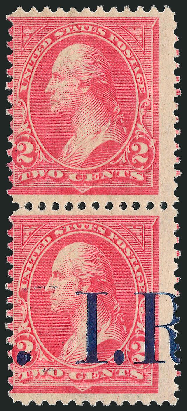 2c Pink, I.R. Overprint, Vertical Pair, One Without Ovpt. (R155d).> Original gum, top stamp h.r. and missing the overprint, with albino impression of overprint on top stamp, centered to left as are all we have
encountered, top stamp tiny thin spot, a