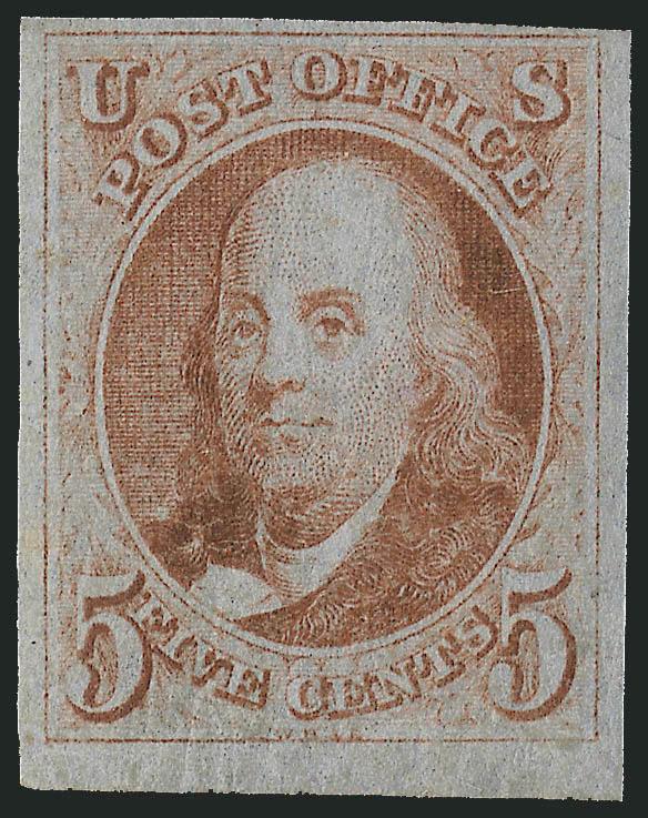 5c Orange Brown (1b).> Original gum with natural crackling, small h.r., large to huge margins, full at top, brilliant and fresh color<><>^VERY FINE AND CHOICE. AN EXTREMELY RARE ORIGINAL-GUM EXAMPLE OF THE
5-CENT 1847 ISSUE IN THE ORANGE BROWN COLO