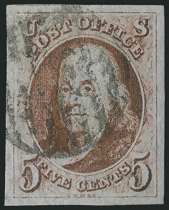 5c Red Brown (1).> Huge margins all around, warm color and clear impression, neat <black> grid cancel, Extremely Fine Gem, PSE encapsulated (XF-Superb 95 SMQ $1,150.00)