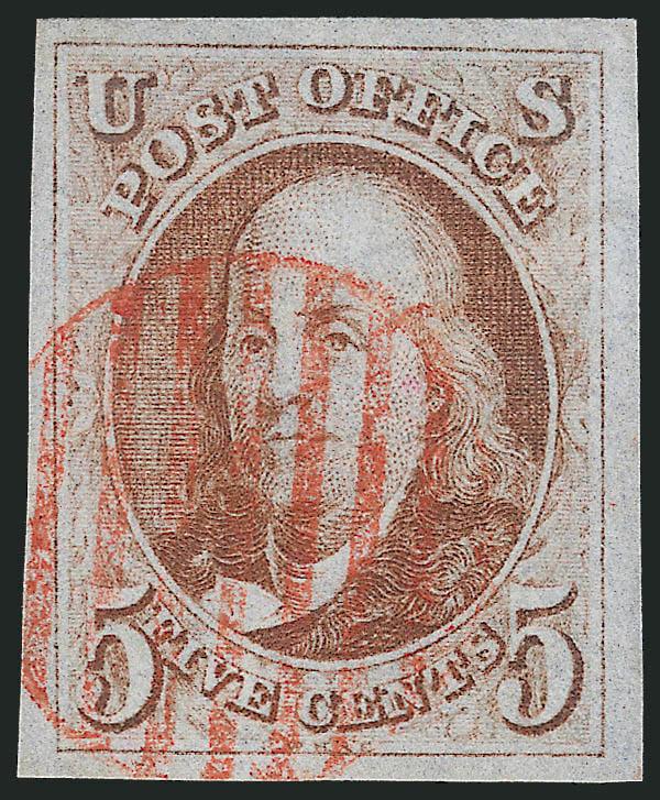 5c Red Brown (1).> Large to huge margins, attractive color and clear impression, neat red grid cancel, Extremely Fine Gem, with 1998 P.F. and 2008 P.S.E. certificates (XF-Superb 95 SMQ $1,150.00)