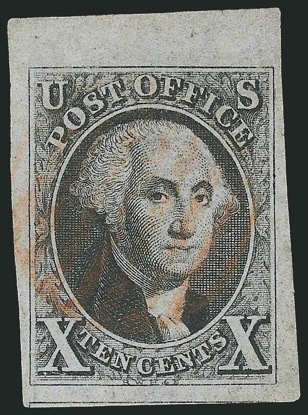 10c Black (2).> Large to huge margins incl. part of adjoining stamp at bottom and also <sheet margin at top,> bright shade and crisp impression, unobtrusive strike of red grid cancel<><>^EXTREMELY FINE GEM. A
STUNNING USED EXAMPLE OF THE 10-CENT 18