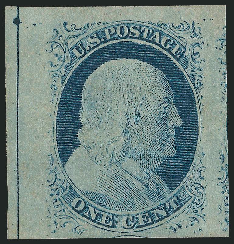1c Blue, Ty. IV (9).> Position 1R1L, original gum, recut once at top and once at bottom, enormous margins all around incl. guideline at left, sheet margin at top and part of adjoining stamps at bottom and
right, rich color<><>^EXTREMELY FINE GEM. A