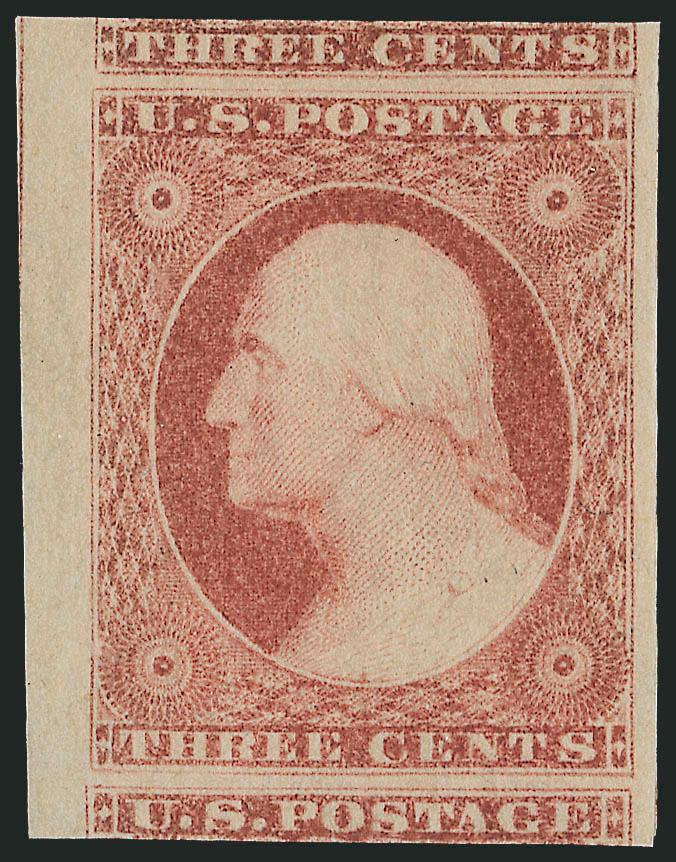 3c Dull Red, Ty. II (11A). Mint N.H.,> enormous margins all around incl. significant parts of adjoining stamps at top and bottom and sheet margin at left, brilliant color<><>^EXTREMELY FINE GEM. THIS STUNNING
MINT NEVER-HINGED EXAMPLE OF THE IMPERF