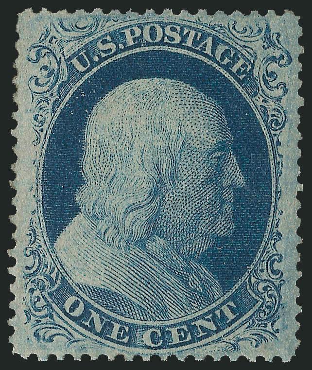 1c Blue, Ty. II (20).> Original gum, deep rich Plate 12 color, unusually choice centering with wide and balanced margins<><>^EXTREMELY FINE GEM. A STUNNING ORIGINAL-GUM EXAMPLE OF THE 1857 ONE-CENT TYPE II. THE
RARITY OF THIS TYPE IS OFTEN OVERLOOK
