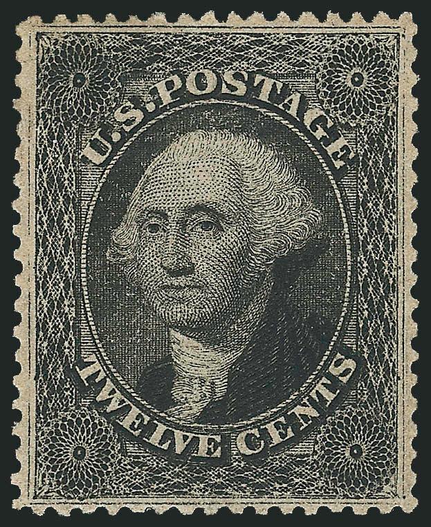 12c Black, Plate 3 (36B).> Original gum, barest trace of hinging, intense shade and proof-like impression, perfectly centered with wide and balanced margins<><>^EXTREMELY FINE GEM. AN ABSOLUTELY STUNNING
ORIGINAL-GUM EXAMPLE OF THE PERFORATED 12-CE