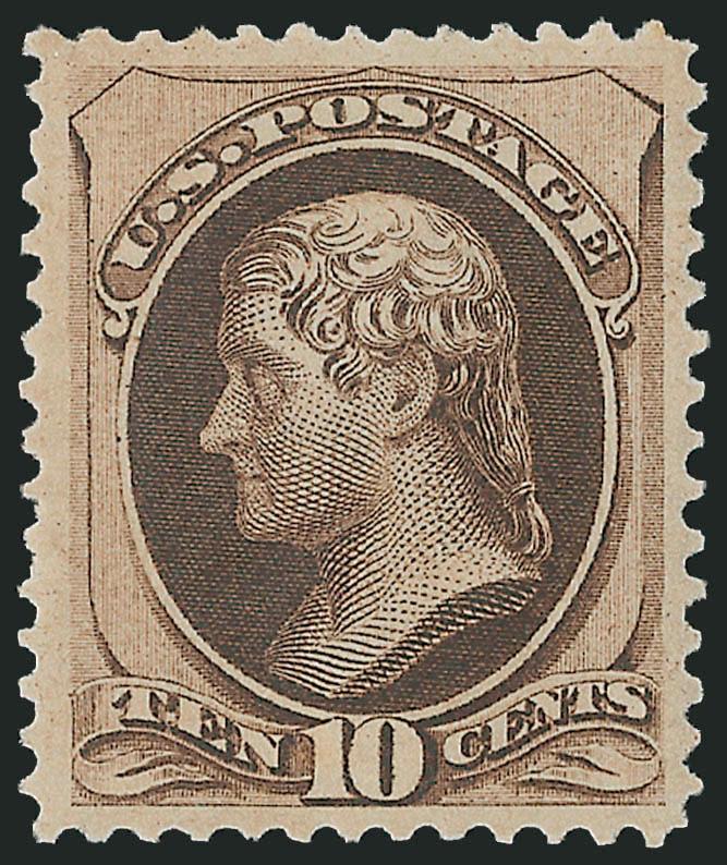 10c Brown, With Secret Mark (188).> Mint N.H., deep rich color and proof-like impression, unusually choice centering with wide and balanced margins<><>^EXTREMELY FINE GEM. A RARE MINT NEVER-HINGED EXAMPLE OF
THE 10-CENT 1879 AMERICAN BANK NOTE COMP