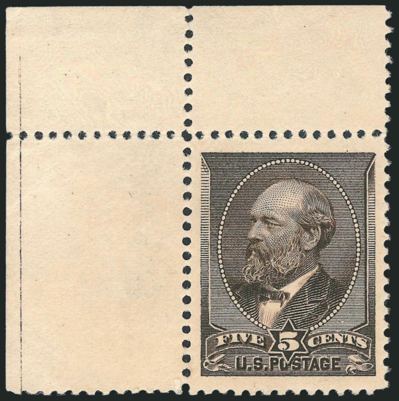 5c Yellow Brown (205).> Mint N.H. with <top left corner selvage,> rich color, detailed impression, beautiful centering with Jumbo margins<><>^EXTREMELY FINE GEM. A MAGNIFICENT MINT NEVER-HINGED EXAMPLE OF THE
5-CENT GARFIELD, SCOTT 205, WHICH HAS B