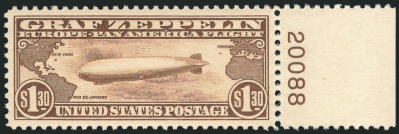 $1.30 Graf Zeppelin (C14).> Mint N.H. with <plate no. 20088> at right, deep rich color and detailed impression, mathematically perfect centering<><>^EXTREMELY FINE GEM. A MAGNIFICENT MINT NEVER-HINGED EXAMPLE
OF THE $1.30 GRAF ZEPPELIN ISSUE, WHICH