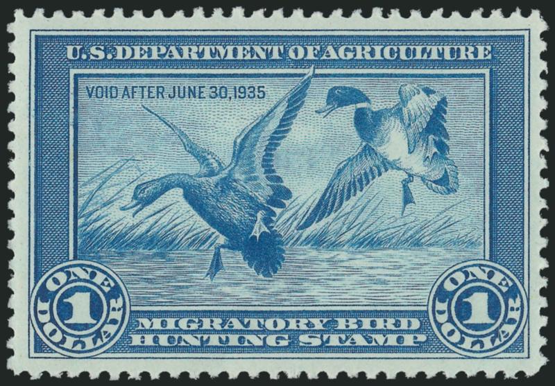 $1.00 1934 Hunting Permit (RW1).> Mint N.H., rich color, choice centering with wide margins, Extremely Fine Gem, P.S.E. encapsulated (XF-Superb 95 SMQ $2,200.00)