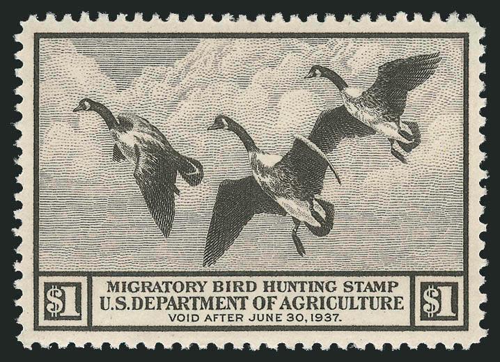 $1.00 1936 Hunting Permit (RW3).> Mint N.H., rich color and proof-like impression, perfectly centered with wide and balanced margins, Extremely Fine Gem, a superb stamp, P.S.E. encapsulated (Superb 98 SMQ
$2,050.00), only one has graded higher to da