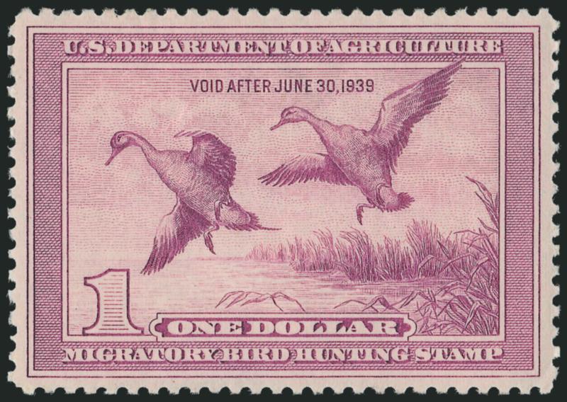 $1.00 1938 Hunting Permit (RW5).> Mint N.H., beautifully centered, vivid color on fresh paper, Extremely Fine Gem, P.S.E. encapsulated (XF-Superb 95 SMQ $1,600.00)