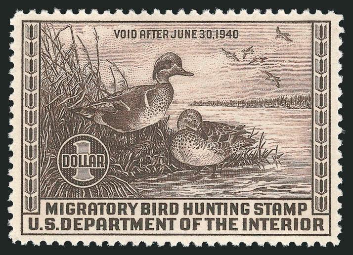$1.00 1939 Hunting Permit (RW6).> Mint N.H., rich color, choice centering, fresh and crisp, Extremely Fine Gem, P.S.E. encapsulated (XF-Superb 95 SMQ $880.00)