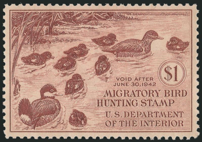 $1.00 1941 Hunting Permit (RW8).> Mint N.H., perfectly centered, wonderfully fresh and bright, Extremely Fine Gem, a superb stamp, P.S.E. encapsulated (Superb 98 SMQ $1,350.00), only two have graded higher to
date