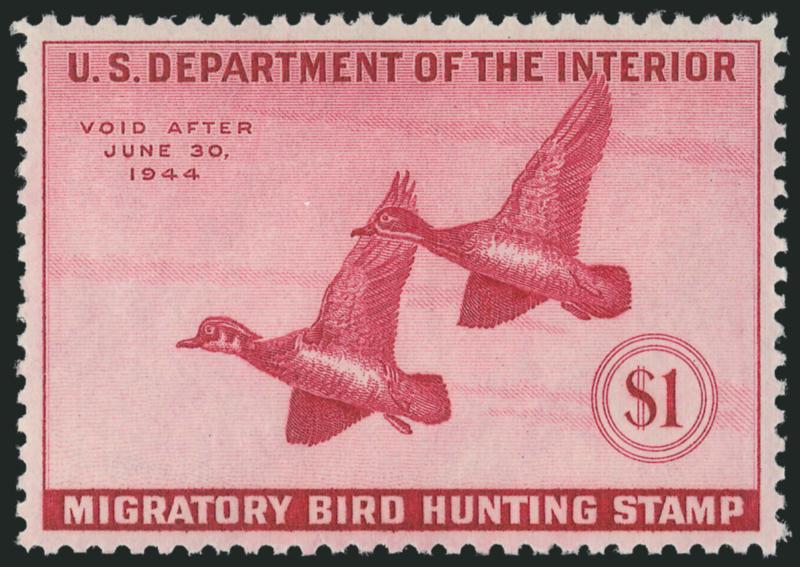 $1.00 1943 Hunting Permit (RW10).> Mint N.H., vivid color, beautifully centered, Extremely Fine Gem, P.S.E. encapsulated (XF-Superb 95 SMQ $320.00)