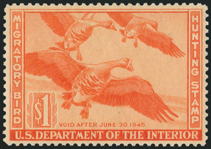 $1.00 1944 Hunting Permit (RW11).> Mint N.H., lovely bright color, choice centering with wide margins, Extremely Fine Gem, P.S.E. encapsulated (XF-Superb 95 SMQ $440.00)