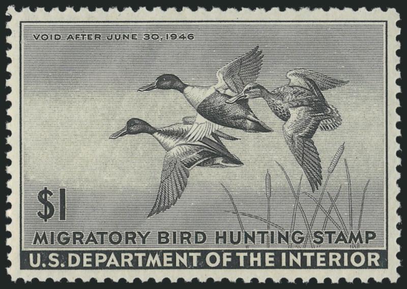 $1.00 1945 Hunting Permit (RW12).> Mint N.H., perfectly centered with wide margins, intense shade, Extremely Fine Gem, a superb stamp, P.S.E. encapsulated (Superb 98 SMQ $1,000.00), only one has graded higher
to date and only seven others share this