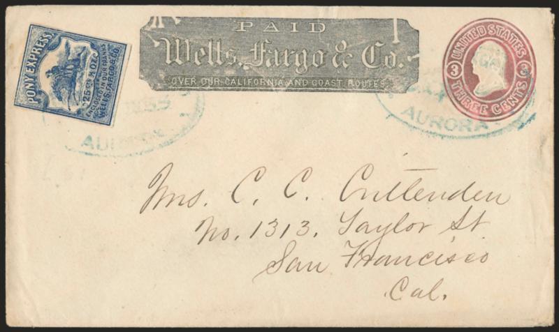 Wells, Fargo & Co. Virginia City Pony Express, 25c Blue (143L8).> Position B7, three ample margins, frameline just shaved at top, tied by “Wells, Fargo & Co. Express Aurora” blue oval handstamp on 3c Pink on
White entire (U34) with Wells Fargo & Co.