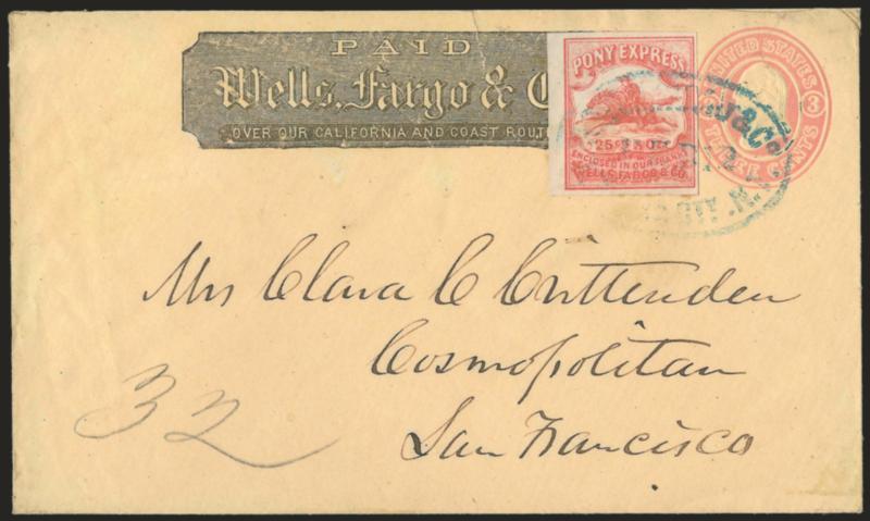 Wells, Fargo & Co. Virginia City Pony Express, 25c Red (143L9).> Position D1, large to huge margins including left straddle-pane margin, brilliant color, tied by blue “Wells, Fargo & Co. Virginia Cty. N.T. Feb.
12” (1865) oval datestamp on 3c Pink on
