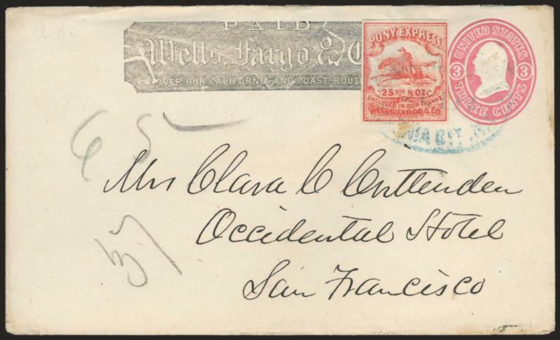 Wells, Fargo & Co. Virginia City Pony Express, 25c Red (143L9).> Position A4, full to large margins all around, rich color, tied by blue “Wells, Fargo & Co. Virginia Cty. N.T. Jul. 12” (1864) oval datestamp on 3c
Pink on White entire (U34) with Wells