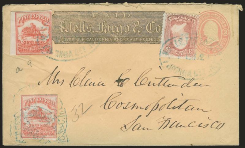 Wells, Fargo & Co. Virginia City Pony Express, 25c Red (143L9).> Two, one at top left with large to clear margins (Position B3), other mostly clear to large margins except just barely into right frameline
(Position D10), used with <3c Rose (65)> on 3