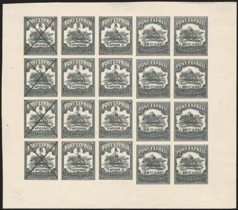Wells, Fargo & Co., 10c-$4.00 Pony Express 1897 Reprint, Black Plate Proof on Wove.> Complete sheet with defaced $4.00 column at left, central vertical creases thru 25c and $1.00 rows, margin reduced at top, Very
Fine, rare, ex Hall