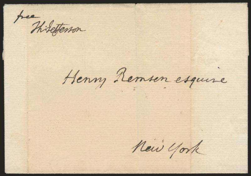 Thomas Jefferson.> Free frank <<Free Th. Jefferson>> <as Vice President> on folded cover addressed in his hand to Henry Remsen in New York, June 8, 1799 docketing on back, light vertical file folds and light
soiling of little consequence<><>^VERY