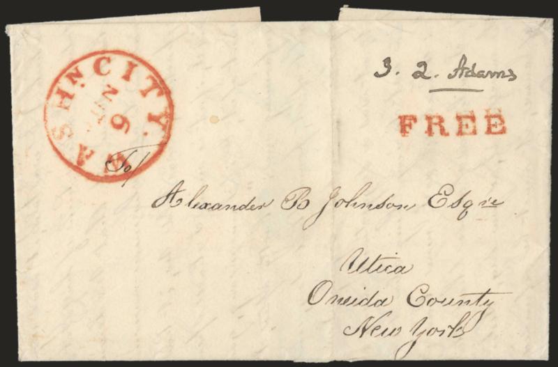 John Quincy Adams.> Free frank <<J. Q. Adams>> <as President> on 1828 folded letter from Susan Clark to Utica N.Y., red Washn. City Jun. 9 circular datestamp and matching Free handstamp, fresh and Very
Fine