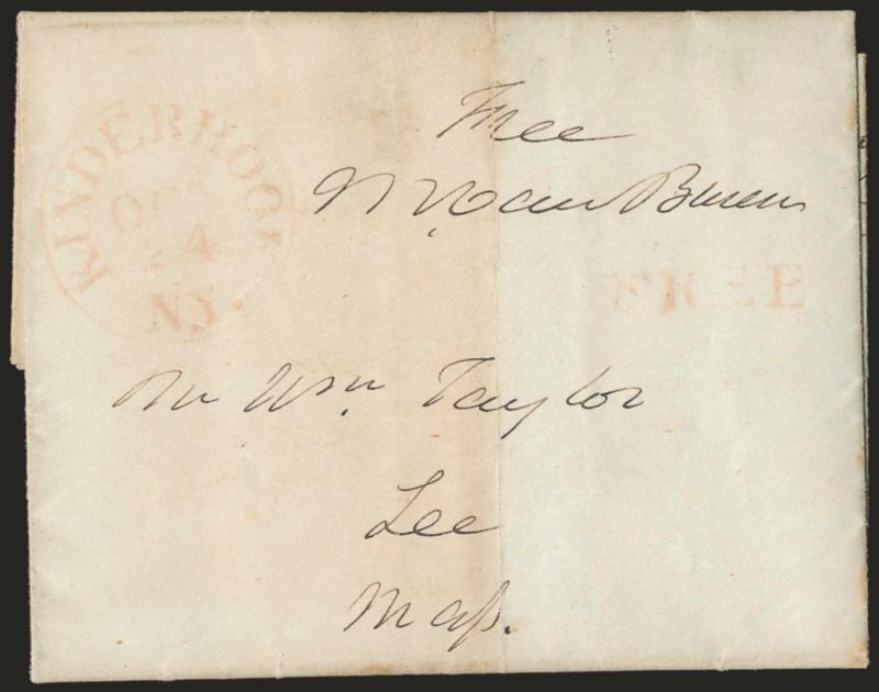 Martin Van Buren.> Autograph free frank <<Free M. Van Buren>> as ex-President on one-page ALS datelined <<Lindenwald October 21st 1843>> to William Taylor in Lee Mass., red Kinderhook N.Y. Oct. 24 circular
datestamp with matching Free handsta