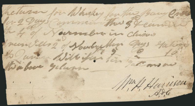 William Henry Harrison.> Signature <<Wm. H. Harrison A.d.c.>> on <<Return for Whiskey>> rations receipt, small spindle hole at center and crease at bottom, no dates present but Harrison was aide-de-camp to
General Anthony Wayne from 1793 to 1794