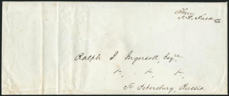 James K. Polk.> Free frank <<Free J.K. Polk>> as President on legal-size cover addressed in his hand to <<Ralph I. Ingersoll, Esq., St. Petersburg, Russia>>, red wax seal on back, light vertical file folds at
left, Very Fine, scarce, Ingersoll was