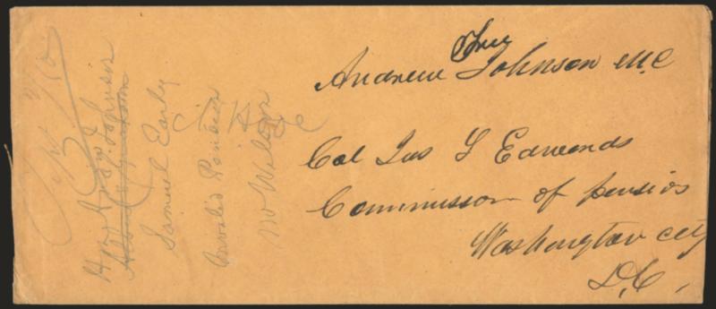 Andrew Johnson.> Free frank <<Free Andrew Johnson M.C.>> as member of Congress on oversize orange cover to Commissioner of Pensions in Washington D.C., no origin datestamp, possibly mailed within Washington
D.C., slightly reduced at right, Very Fin