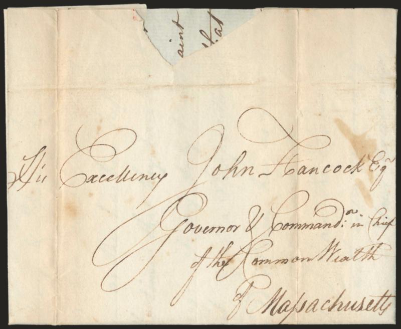 [John Hancock].> Folded letter datelined <oston Nov. 30th 1782>> and addressed to <is Excellency John Hancock Esq., Governor & Commander in Chief of the Commonwealth of Massachusetts>>, contents from John
Cathcart, contents discuss a ship whi