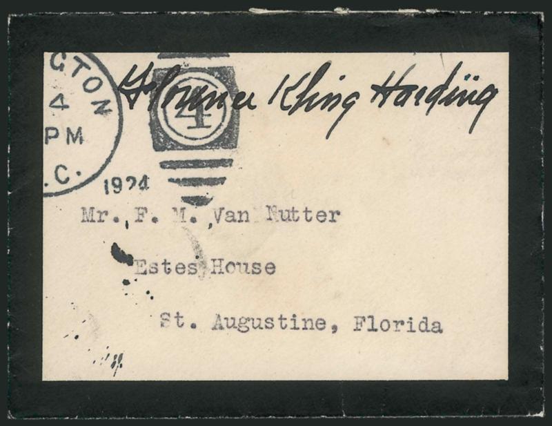 Florence King Harding.> Free frank <<Florence King Harding>> on small mourning cover with typed address to St. Augustine Fla., also with Washington D.C. Jan. 4, 1924 duplex, with original contents of mourning
design and note in her hand reading <
