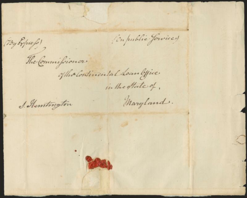 Samuel Huntington.> Delegate to the Continental Congress, President of the Continental Congress (1779-81), Lieutenant Governor & Chief Judge of Superior Court of Connecticut (1784-86), Governor of Connecticut
(1786-1796), free frank <<S. Huntington