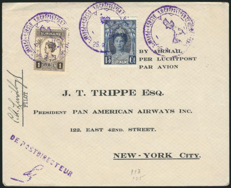 Charles A. Lindbergh.> Signature <<C.A. Lindbergh>> at left under typed Pilot on cover <from Suriname> with preprinted address to the president of Pan-American Airways in New York, 15c and 1g stamps tied by
purple cancels, Very Fine