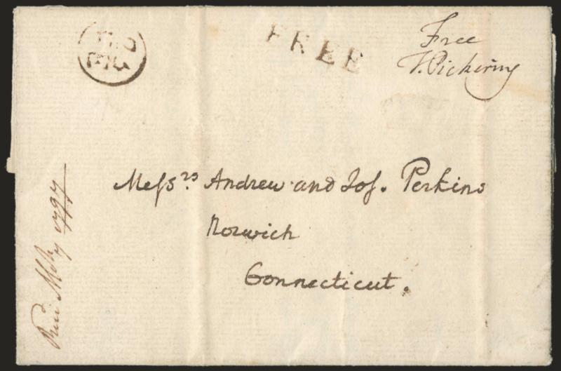 Timothy Pickering.> Postmaster General under Washington, Secretary of War (1795), Secretary of State (1795-1801), free frank <<Free T. Pickering>> on letter datelined <<Department of State, 23 Feby. 1797>> and
written and signed by Jacob Wagner t